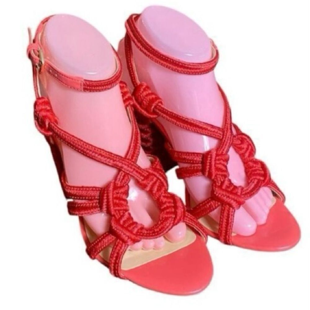 CAbi Womens Red Rope Open Toe Wrapped Chucky Block Heel Tiptoe Sandals Size 8